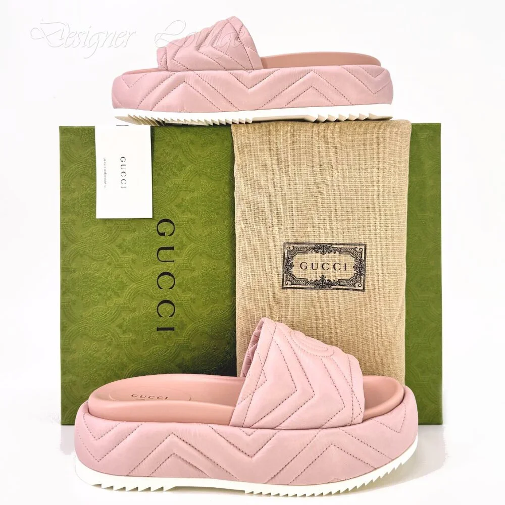 NEW GUCCI Angelina Quilted GG Logo Pink Nylon Platform Sandals EU 39 US 9